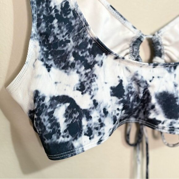 SHEIN Black & White Tye Die Ribbed Bikini Top w Drawstring Cut Out - Picture 9 of 15